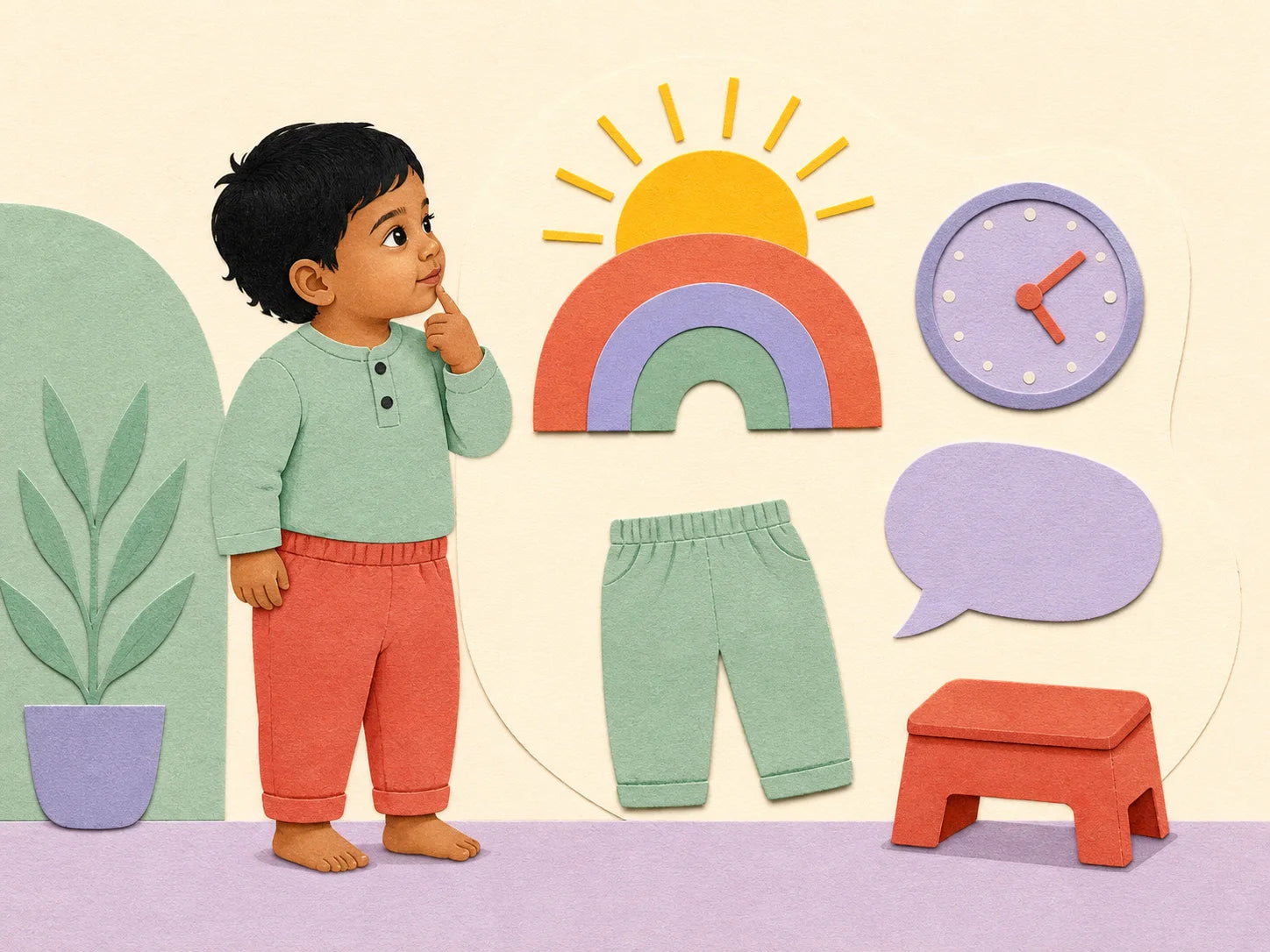 Paper-collage illustration of a toddler noticing readiness cues