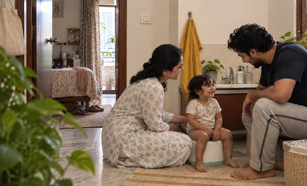 Indian parents sharing a calm routine moment with their toddler at home
