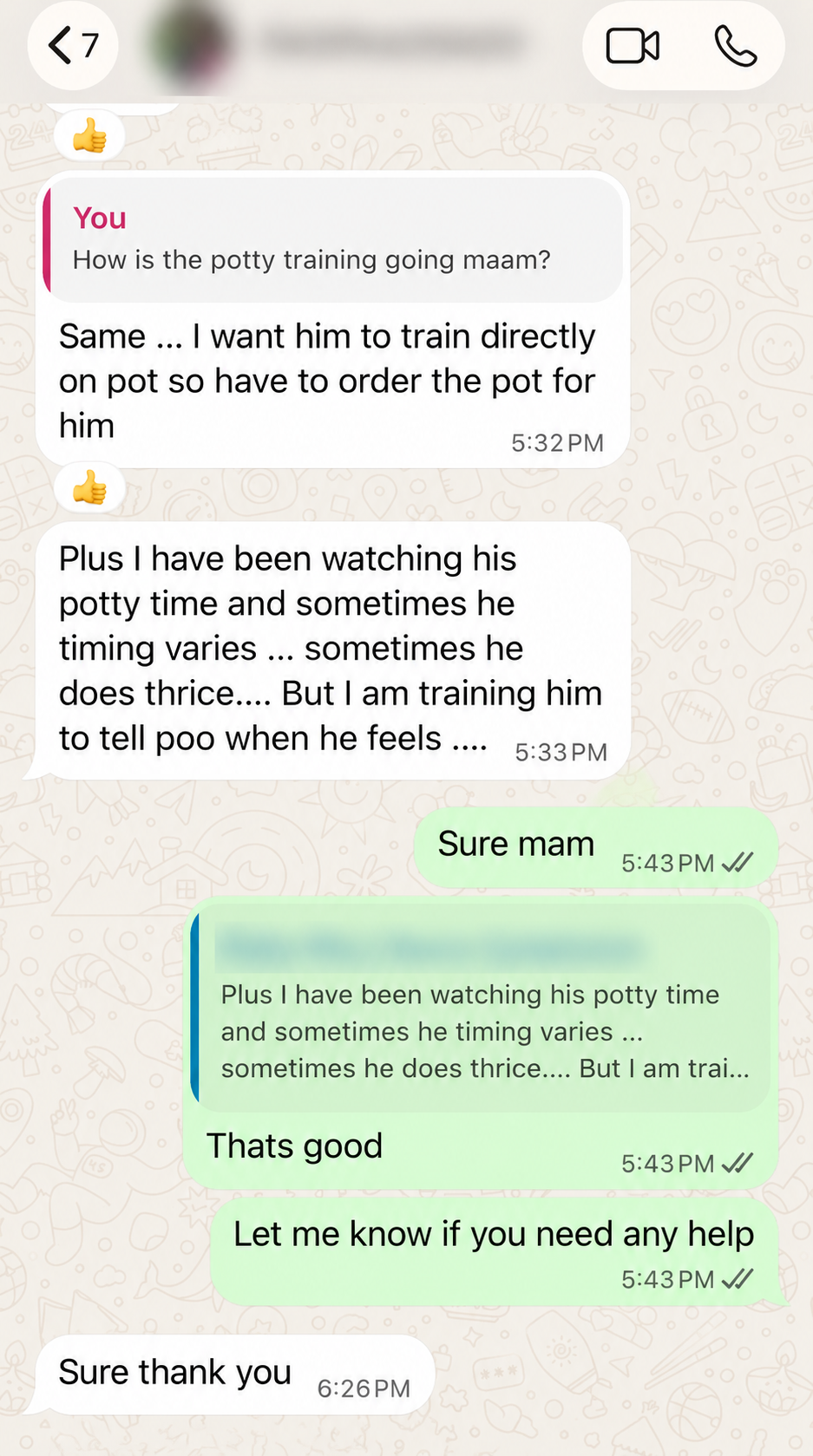 WhatsApp support conversation with identifying details blurred