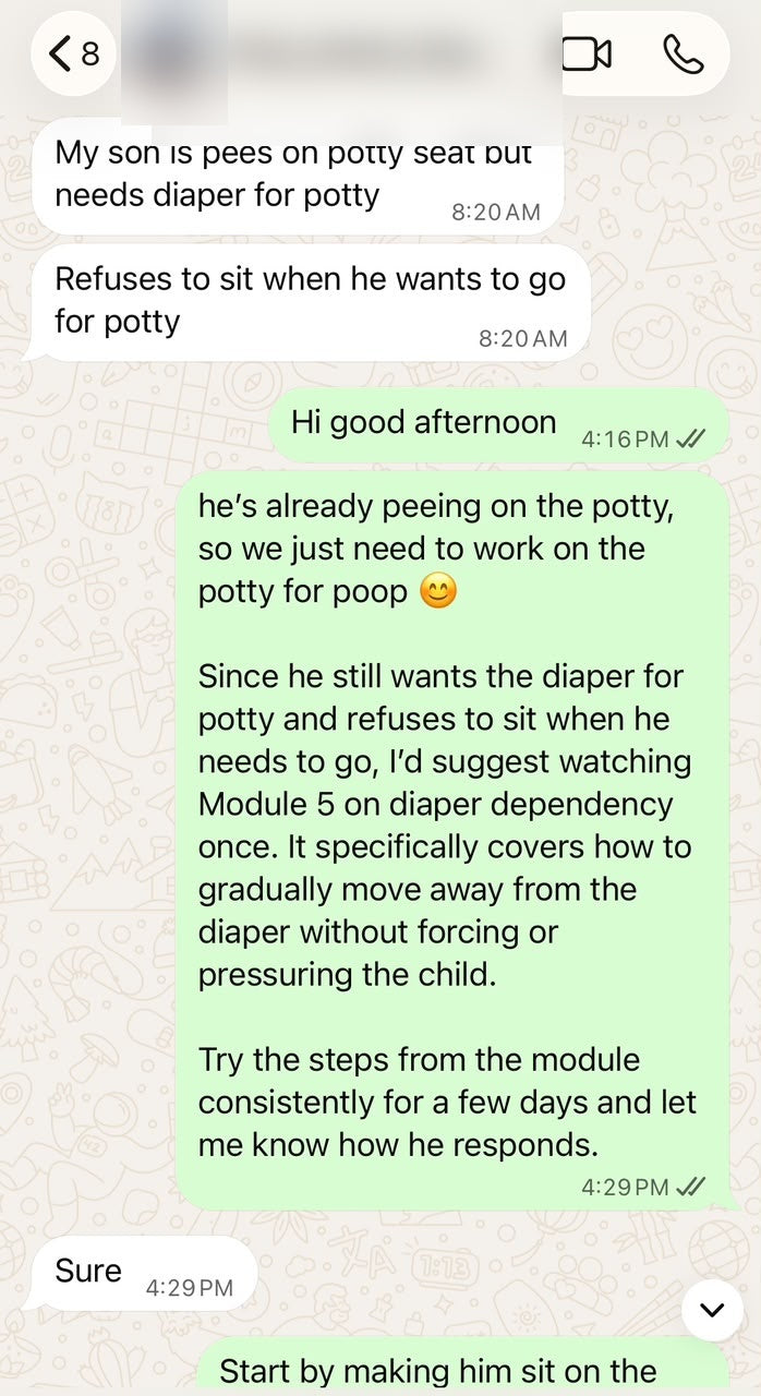 WhatsApp support conversation with identifying details blurred