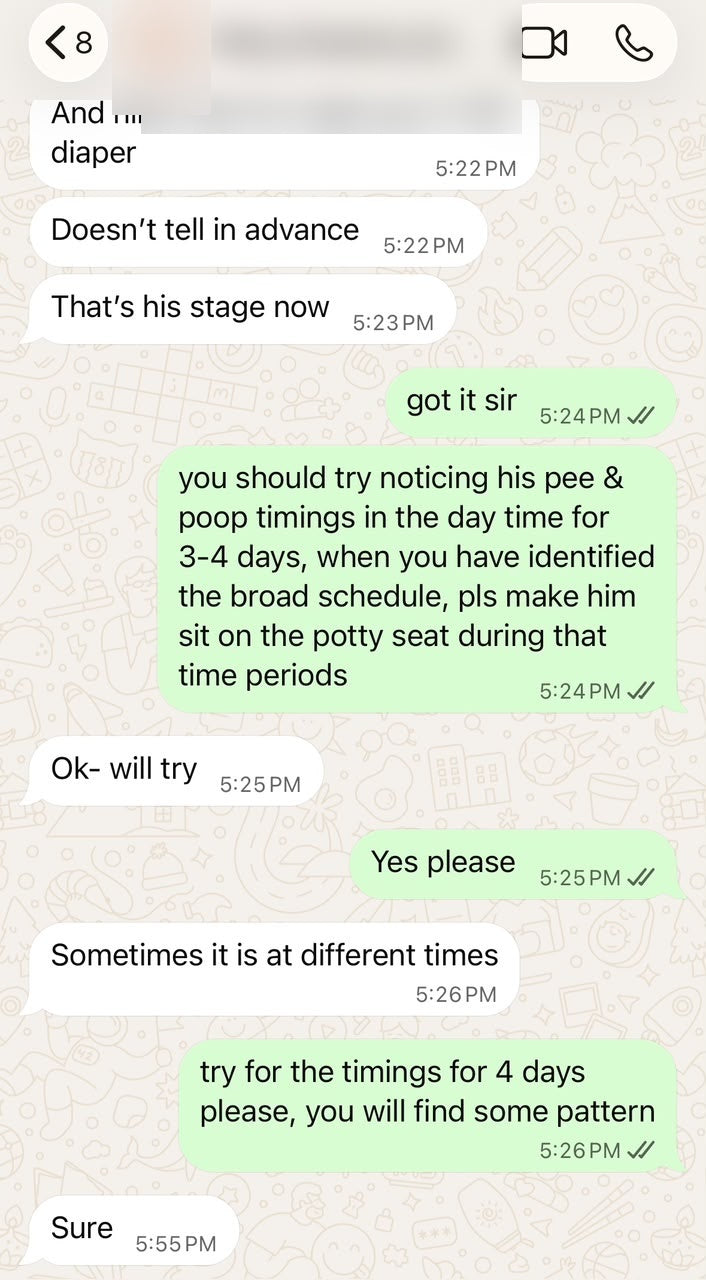 WhatsApp support conversation with identifying details blurred