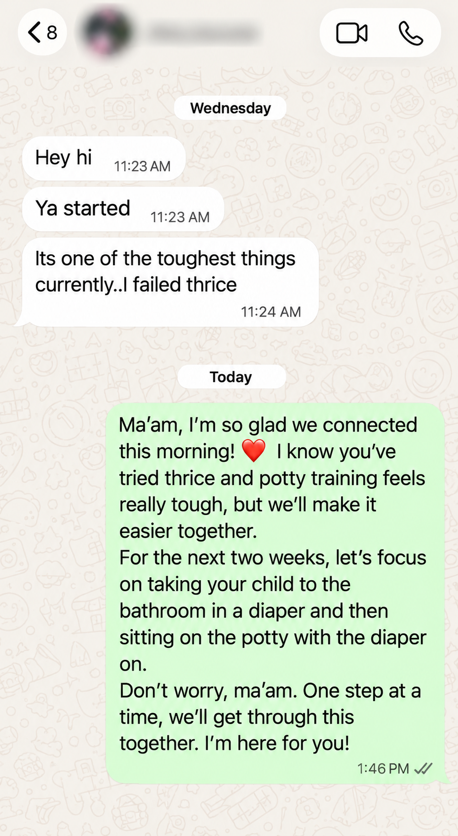 WhatsApp support conversation with identifying details blurred