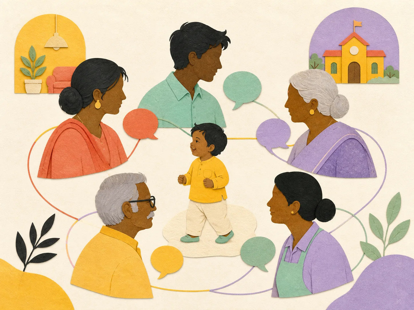 Paper-collage illustration of a child surrounded by an aligned care circle