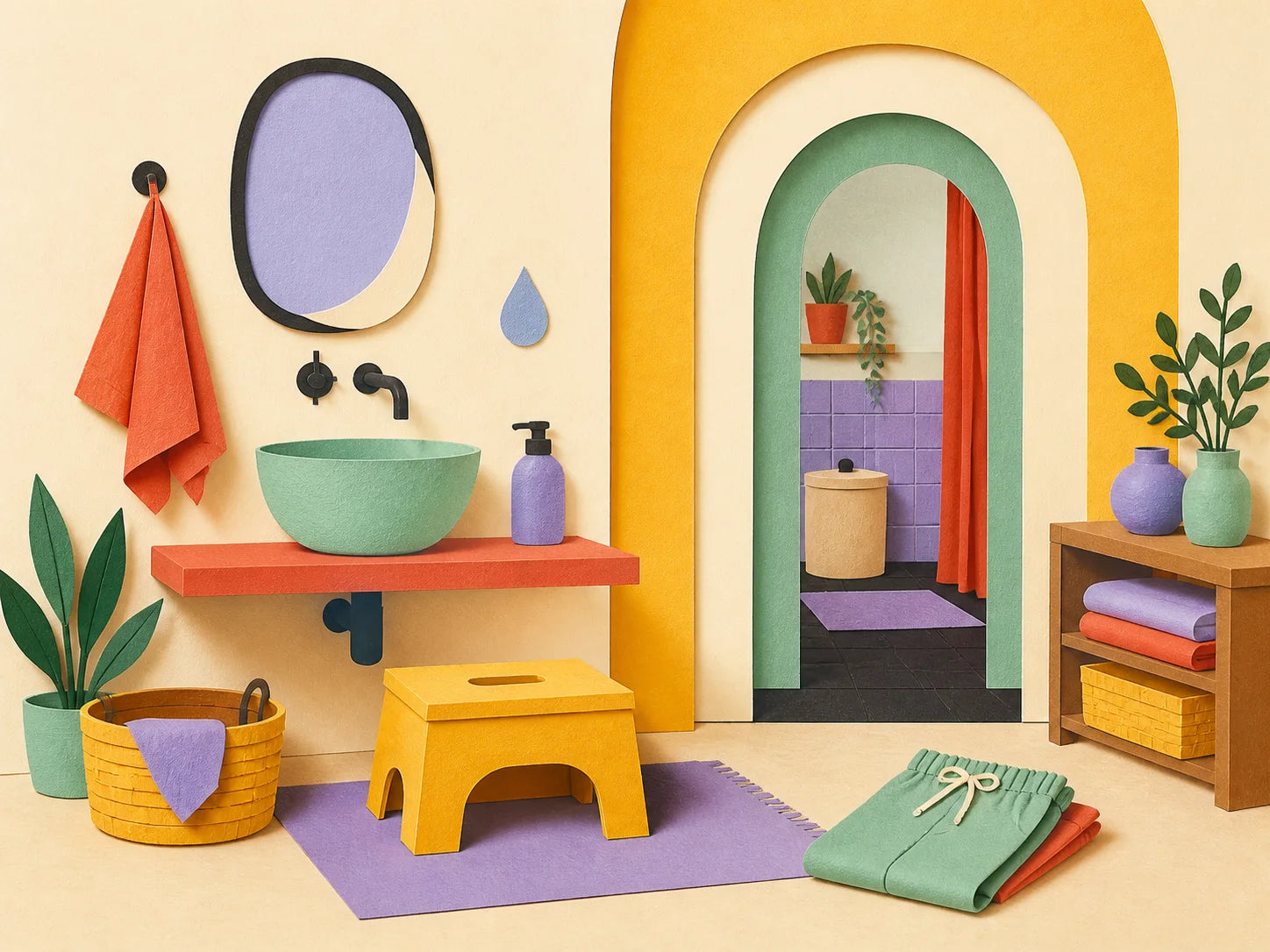 Paper-collage illustration of a practical handwashing and bathroom setup
