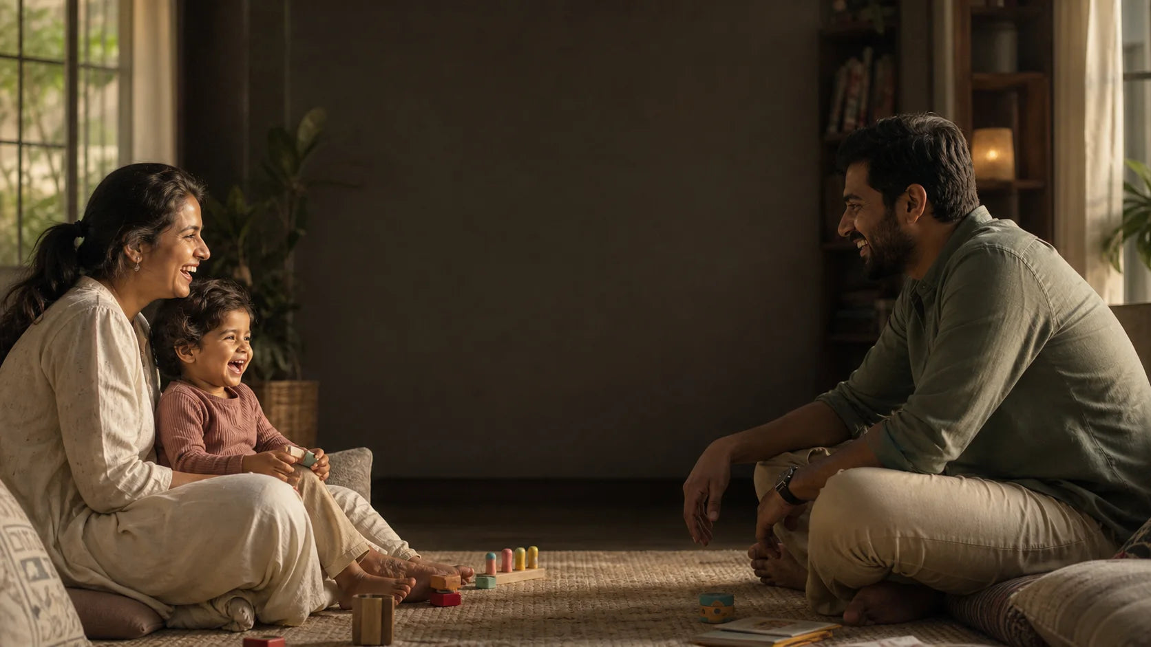 Indian parents and toddler sharing a relaxed family moment at home